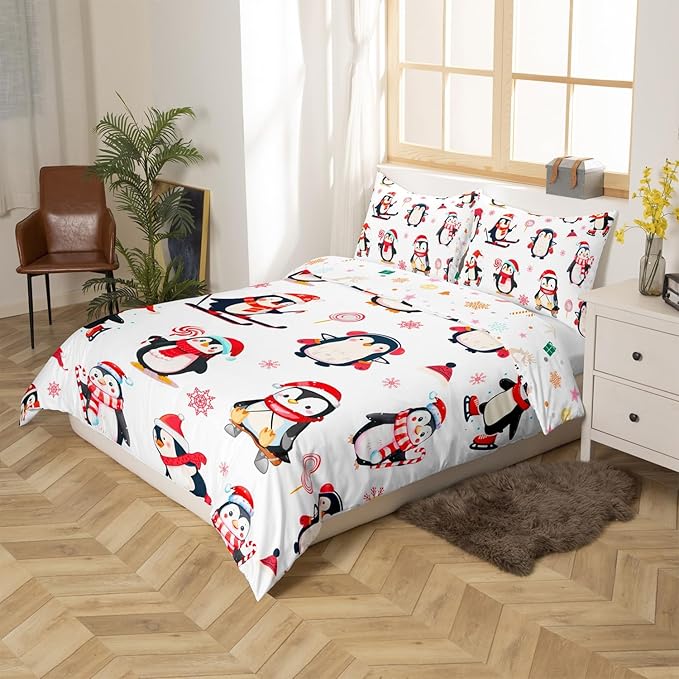 Feelyou Cartoon Penguin Duvet Cover Funny Animal Printed Christmas Day Bedding Set for Kids Room Cute Polar Animal Pattern Decor Comforter Cover Set Snowflake Bedspread Cover 3Pcs Zipper Full Size