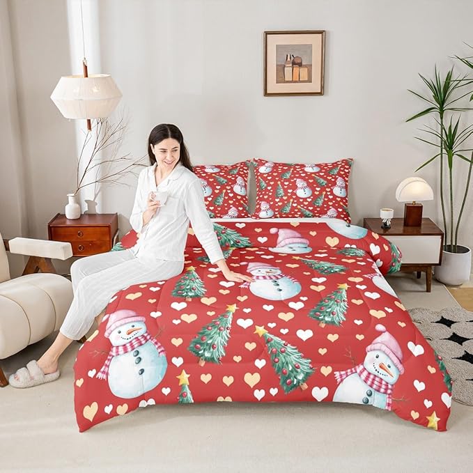 Feelyou Merry Christmas Comforter Set Twin Size Cute Snowman Bedding Set for Kids Boys Girls Christmas Tree Duvet Quilt Love Hearts Microfiber 2 Pcs with 1 Pillow Cases