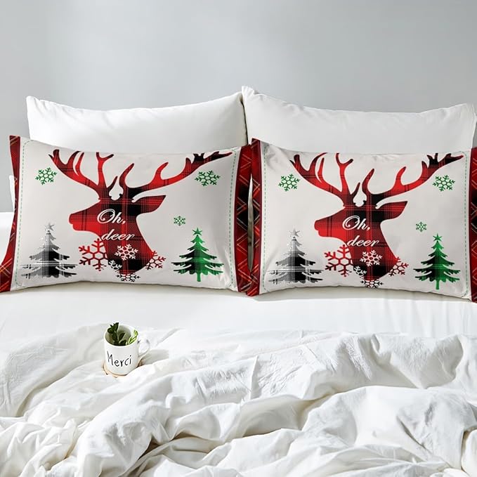 Manfei Xmas Deer Duvet Cover Set Full Size, Christmas Tree Snowflake Print Comforter Cover with 2 Pillowcases, New Year Theme Bedding Set 3pcs for Kids Boys Girls Bedroom Decor,No Comforter