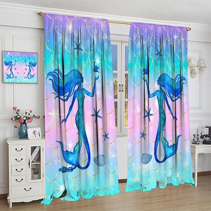 Mermaid Scale Curtains for Kids Girls Magic Gradient Mermaid Fish Scale Pattern Decoration Bedroom Nursery Curtains 84x84 Inch