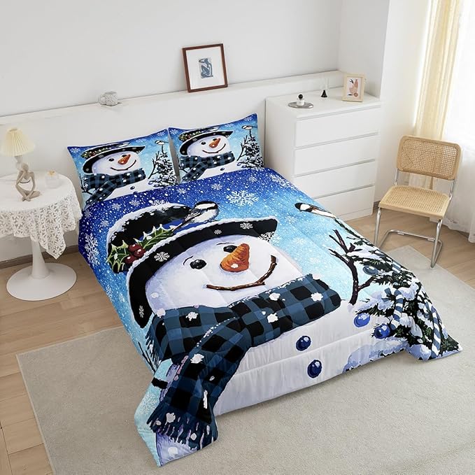 Feelyou Kids Christmas Theme Decorations Bedding Set Xmas Snowman Comforter Set for Boys Girls Snowflake Kawaii Cute Gradient Blue Bedroom Collection King Size