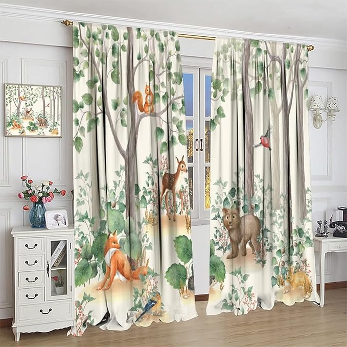 Forest Animal Curtains,Fox Elk Bird Animal Watercolor Woodland Print Curtains Kids Nursery Bedroom Living Room Home Decoration 72x63in