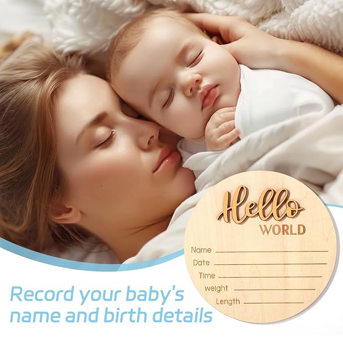 Newborn Announcement Sign, 5.9in Wooden Hello World Baby Welcome Sign Birth Plaques for Newborn Girls Boys Photo Props Baby Shower Hospital Nursery (Gold)
