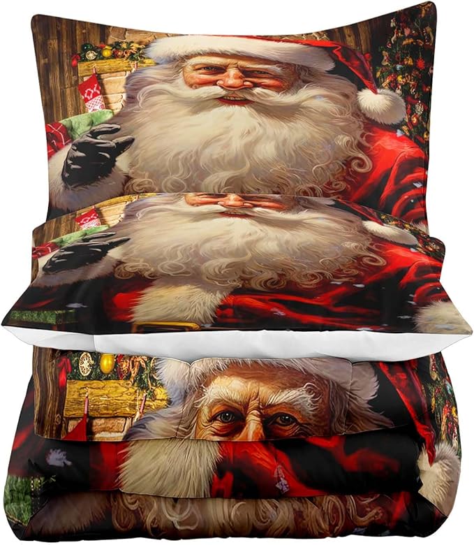 LUVIVIHOME 3PCS Christmas Comforter Set Full Size, Funny Santa Claus Bedding, Teens Boys Girls Kids Bedding, Winter Holiday Happy New Year Merry Christmas Bedroom Decor, Xmas Gifts, 2 Pillow Cases