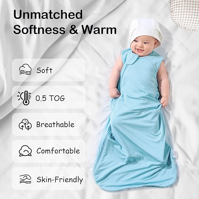 Supersoft Rayon Made from Bamboo Sleep Sack 6-12 Months 0.5 Tog Lightweight Toddler Sleep Sack Baby Wearable Blanket with 2-Way Zipper Summer Unisex Sleeping Bag for Babies - Blue