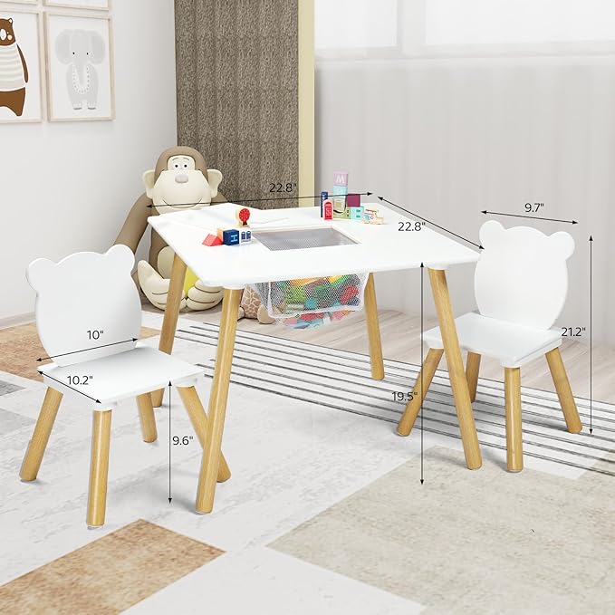 JOYMOR Kids Table and 2 Chairs Set with Storage & Removable Tabletop, Panda Ear Chairs, 3-in-1 Kids ActivityTable for Craft, Playroom Toddler Table and Chair Set for Kids 2-5