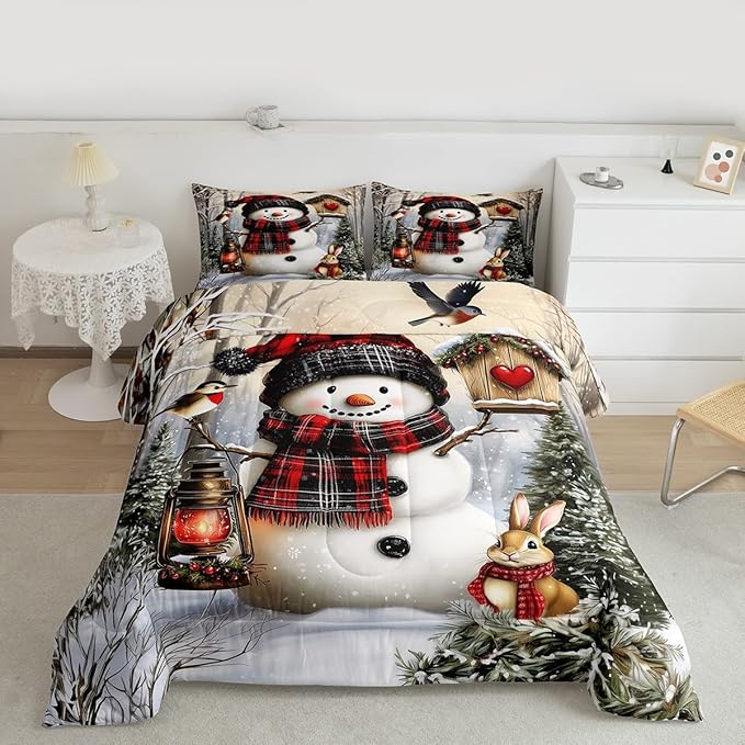 Kawaii Snowman Girls Bedding Set Twin Size,Rabbit Bird Winter Poinsettia Comforter Set,Pine Tree Xmas Animal Snowflake Quilt Comforter Girls Boys Teens,Gray Green Room Decor All Season,1 Pillowcase