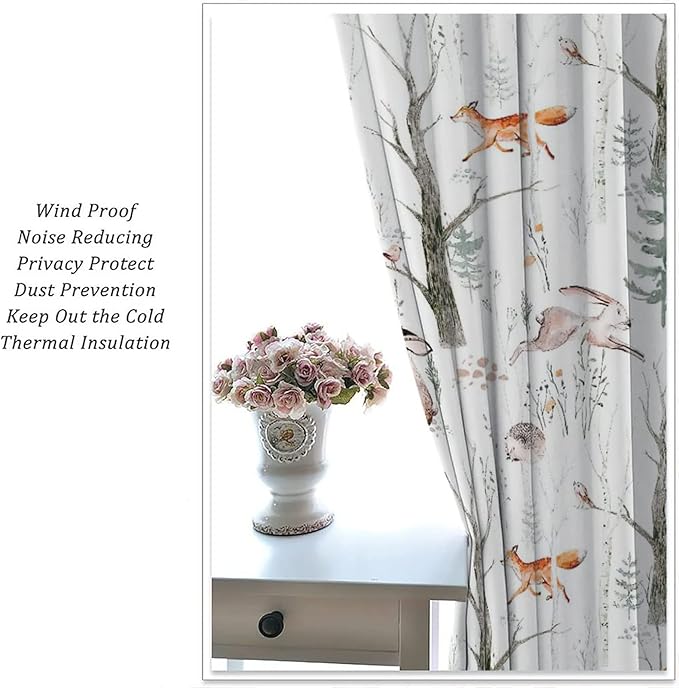 Rustic Forest Window Curtains, Watercolor Woodland Animals Owl Hedgehog Fox Butterfly Forest Squirrel and Bear Blackout Windows Door Curtain for Bedroom Living Room Home Decor 84x84in