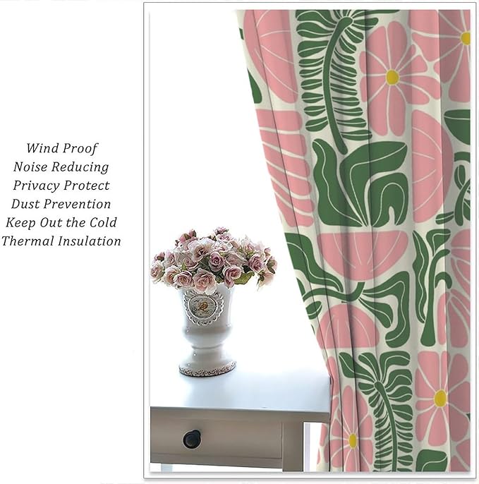 70s Flowers Curtains,Retro Geometric Boho Vintage Botanical Green Pink Flower Curtain for Bedroom Living Room Bathroom Window Curtains,70s Mid Century Flowers Window Treatments 42" W X 63" L