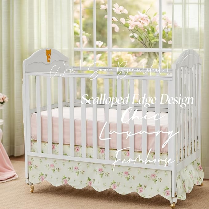 Brandream Scallop Edge Cotton Crib Skirt, Baby Boy Girl Gender Neutral Crib Skirt Toddler Bedskirt Farmhouse Chic Nursery Crib Bed Skirt, Boho Bohemian Toile Floral