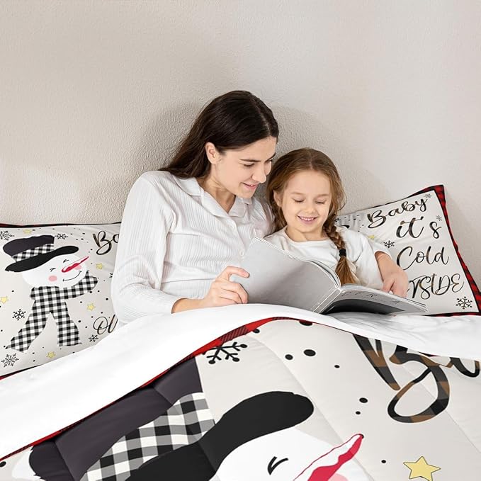 Kids Christmas Snowman Comforter Set Full Size,Snowflake Winter Bedding Set,Girls Boys Adults Xmas Decor,Geometric Grids Lattices Patch Down Comforter,Red Rustic Vintage Duvet Insert,2 Pillowcases