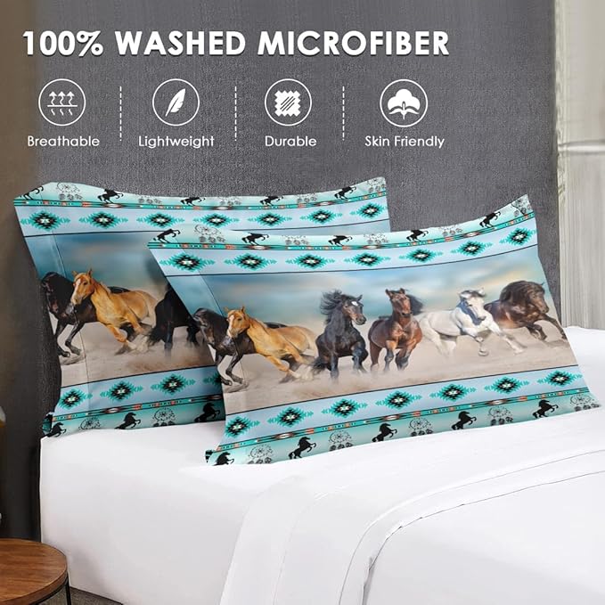 7 Pcs Full Size Comforter Set with 2 Pillowcases & 2 Shams, Horses Western Bedding for Kids and Adults, Tribal Sunset Run Bed in a Bag with Flat Fitted Sheet