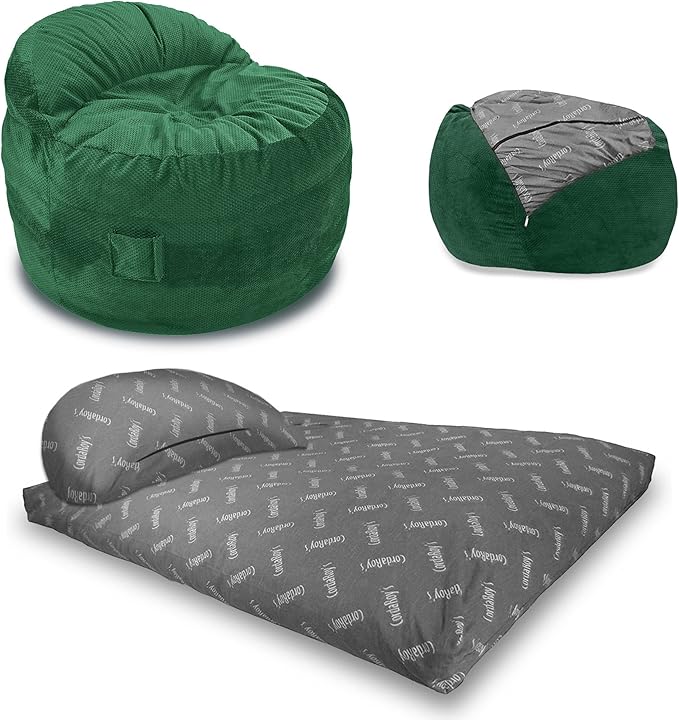 CordaRoy's NEST Gaming Bean Bag Chair-Convertible Bean Bag Chair -Washable Chenille Cover with Pockets for Remote,Controllers-for Living Room,Basement-Queen Size-Rainforest|Made in The USA