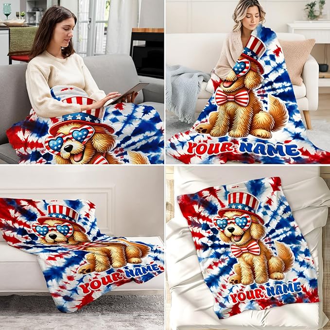 Custom Dog Blanket Gifts - 30" x 40" Inches Golden Retriever Blankets for Girls, Toddler - American Flag Cozy Fuzzy Throw for Crib, Nap