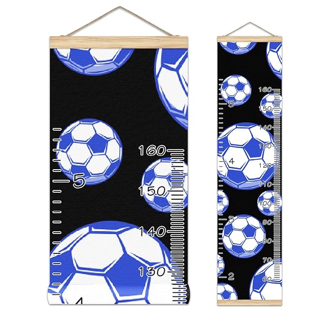 Personalized Kids Name Growth Chart Ruler for Wall Wood Frame Height Measure Chart 13.4x56 in Linen Hanging Height Growth Chart Football Soccer Blue Kids Room Decor