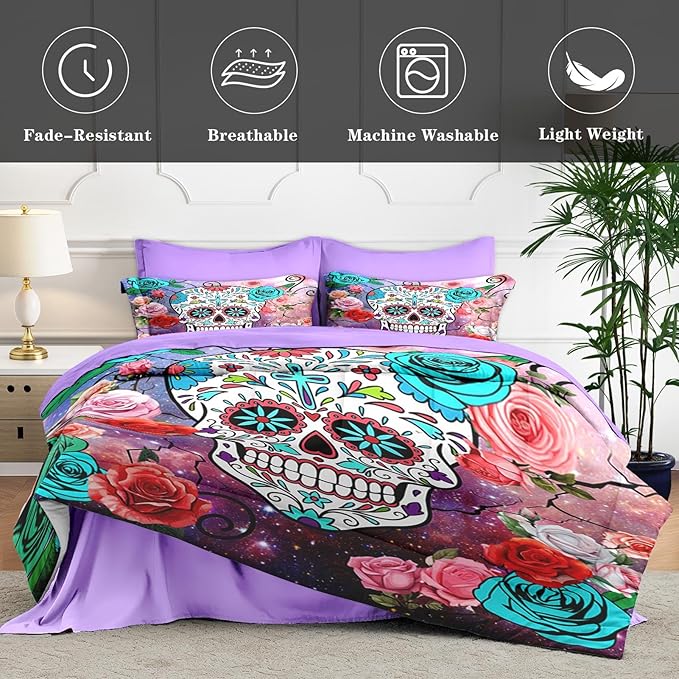 7 Pcs Full Size Comforter Set with 2 Pillowcases & 2 Shams, Sugar Galaxy Bedding for Kids and Adults, Vintage Skeleton Flower Bed in a Bag with Flat Fitted Sheet
