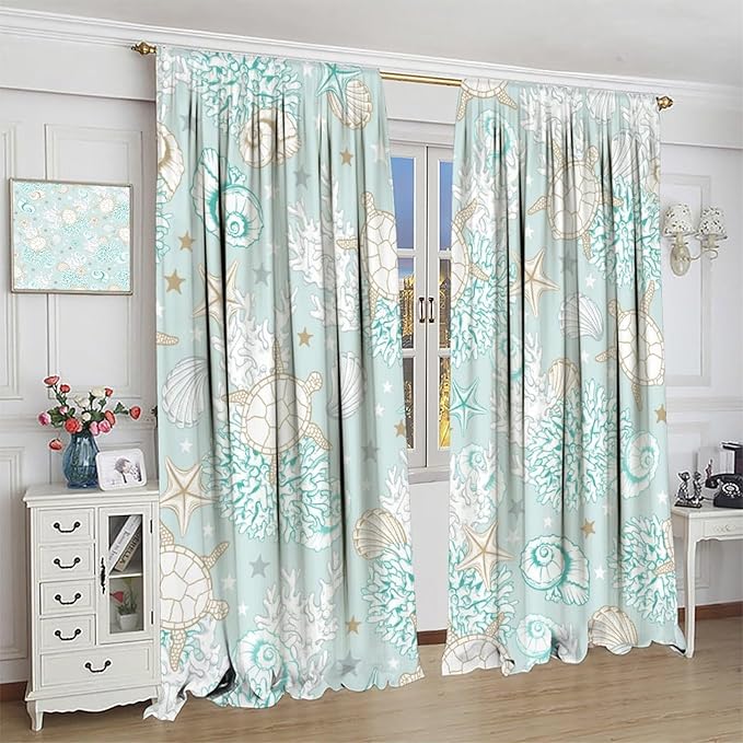 Nautical Curtains,Seagorses Coral Starfish Reef Seashell Beach Sea Seashell Pattern Blackout Print Home Bedroom Living Room Window Treatmen 2 Panel Set 42x63 Inch