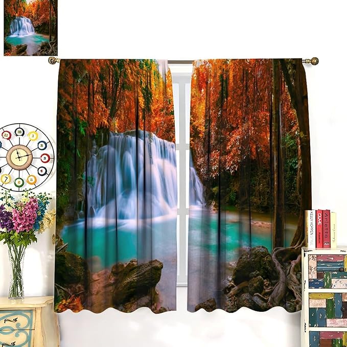Autumn Forest Waterfall Blackout Curtains, Fall Leaves Trees Jungle Country Nature Landscape Window Drapes, for Bedroom Living Room 63" W X 72" L