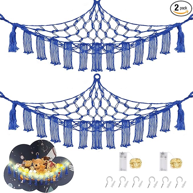 Stuffed Animal Hammock with LED Light, Large Stuffed Animals Storage Corner Plushie Net for Kids Room Decor, 2 Packs Royal Blue