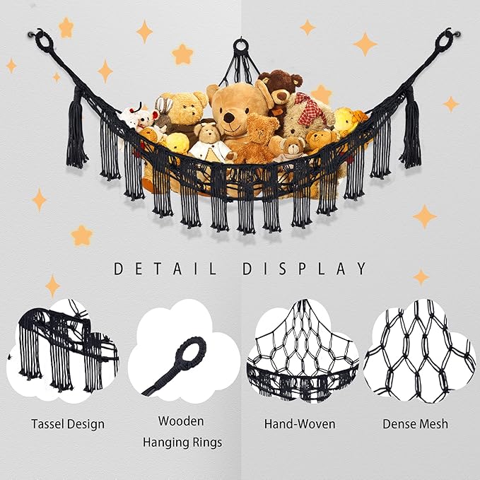 Stuffed Animal Hammock with LED Light, Large Stuffed Animals Storage Corner Plushie Net for Kids Room Decor, 2 Packs Black