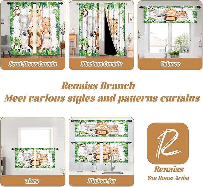 Renaiss 42 x 84 Inch Safari Animal Curtains for Kids Tropical Rainforest Lions Tigers Elephants Giraffes African Jungle Tree Green Leaf Print Window Drapes for Nursery Baby Bedroom Playroom 2 Panels