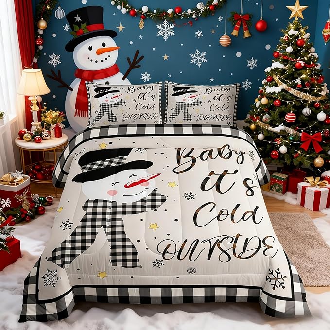 Kids Christmas Snowman Comforter Set Full Size,Snowflake Winter Bedding,Girls Boys Adults Bedroom/Xmas Cabin Decor,Geometric Grids Lattice Down Comforter,Rustic Vintage Duvet Insert,2 Pillowcases