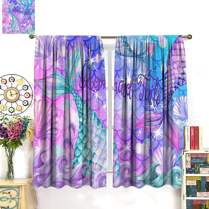 Dream Mermaid Curtain Colorful Mermaid Shell Ocean Theme Fantasy Blackout Curtains for Kids Boys Girls Bedroom Nursery Room Decor Rod Pocket Window Drapes 55x63in