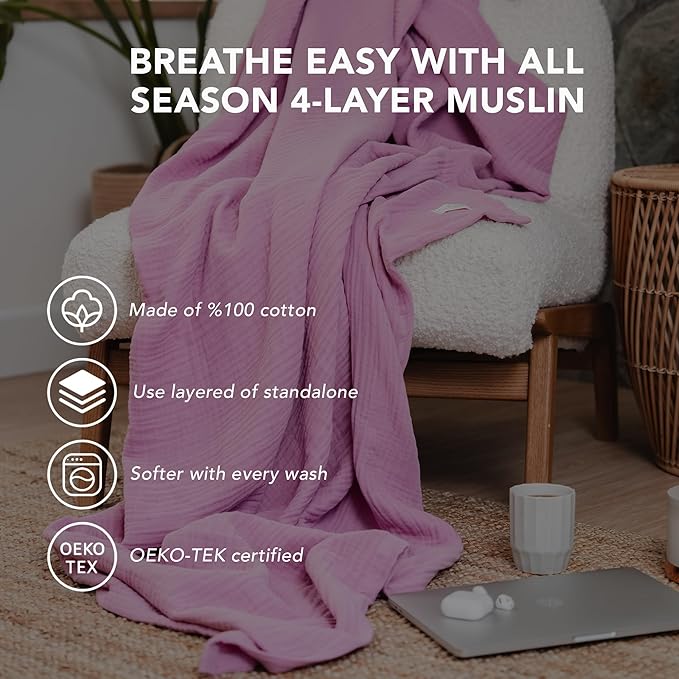 Goqan Muslin Blanket King Size 90x108 – 100% Cotton 4 Layer Boho Muslin Blanket for Adults, Lightweight, Soft, Breathable for Bed, Couch - Pink