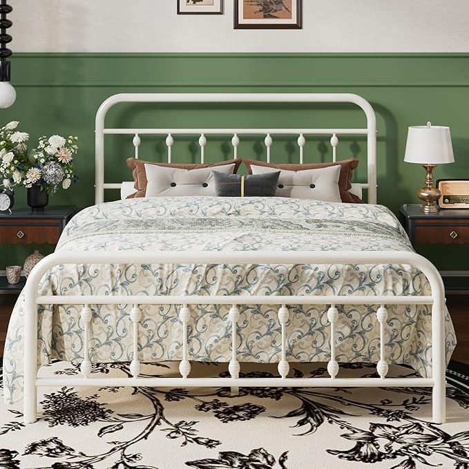 SHA CERLIN Full Size Metal Platform Bed Frame with Victorian Style Iron-Art Headboard and Footboard, Easy Assembly, Under Bed Storage, No Box Spring Required, White