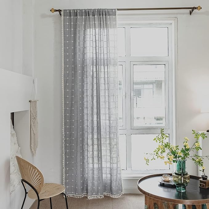 Deeprove Gray Boho Plaid Curtains 63 inch for Home Office Kitchen Nursery, Semi Blackout Casual Farmhouse Tassels Window Treatment Bohemian Embroidery Drape Rod Pocket 1 Panel 52 W x 63 L, Grey