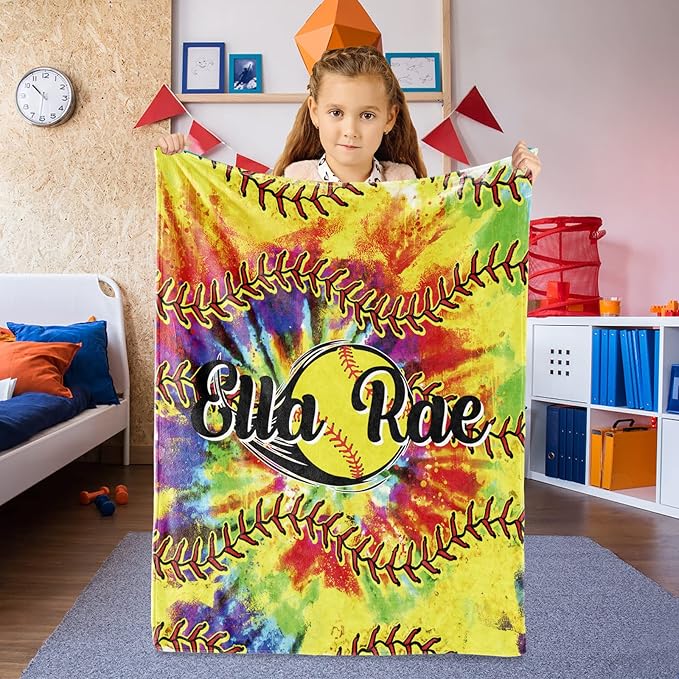 Personalized Softball Kids Blanket with Name and Number - Custom Sport Bed Blankets Gift for 0-3 Months Baby Essential - Super Warm and Comfortable 40x50inch