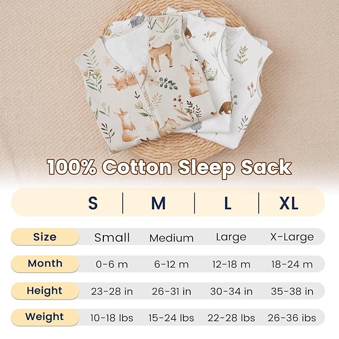 PHF Soft Baby Sleep Sack 6-12 Months 100% Organic Cotton Wearable Blanket, 2-Way Zipper 0.5 TOG Toddler Sleeping Sack 3 Pack, Comfy Sleep Bag for Baby Boys Girls, Woodland (Medium)