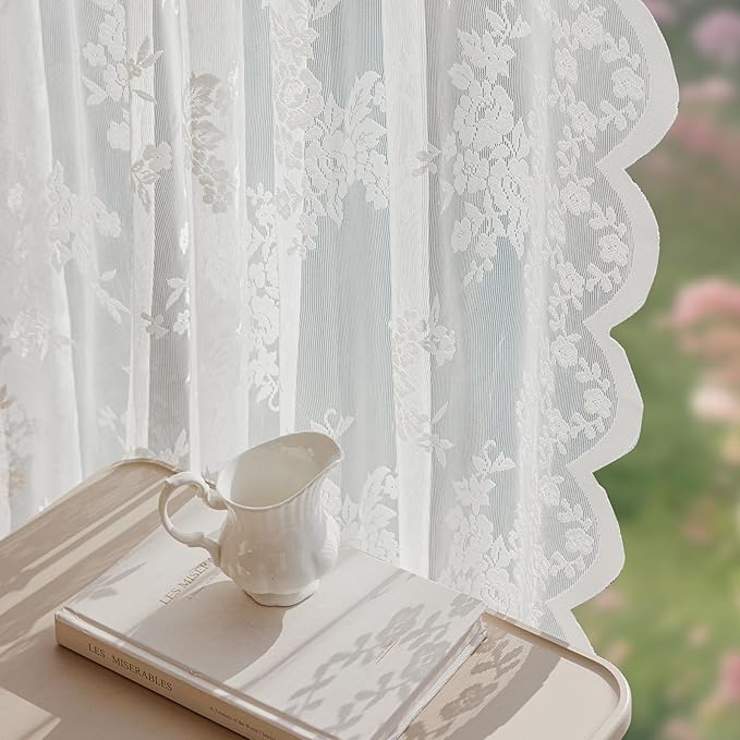 Anmao Vintage Lace Curtains 54 Inches Long 2 Panels, Romantic Elegant Light Filtering Semi Sheer Floral Thick Lacy Curtain Drapes for Living Room and Bedroom, Each Panel 55W x 54L, White Rose