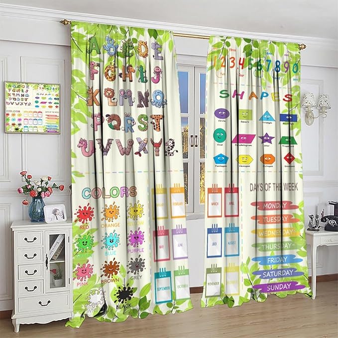 Kids Alphabet Curtain Cartoon Animal Nursery Rustic Leaves Plant Funny School Education Learning Tools Printed Rod Pocket Blackout Window Drapes for Bedroom Living Room 63" W X 63" L