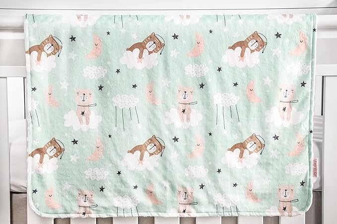 Top Tots Deluxe Minky Baby Blanket - Sleeping Bears on Clouds, 40 x 29 Inch White