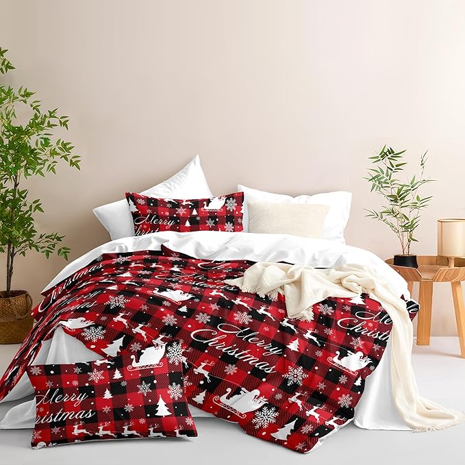 Christmas Duvet Cover Full Size Red Black Gingham Bedding Set 3 Pcs Kids Boys Girls Christmas Deer Pattern Soft Warm Comforter Cover with Zipper Closure (No Comforter)