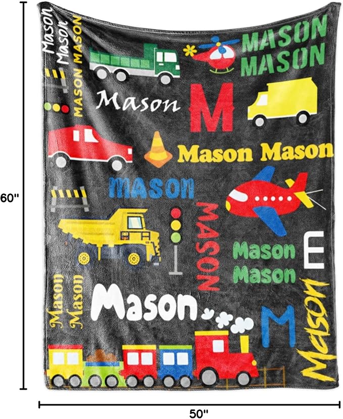 Personalized Blanket with Name for Boys, Custom Name Blanket City Car Transport, Soft Flannel Teen Blankets Customized Gift for Birthday Christmas-50x60in