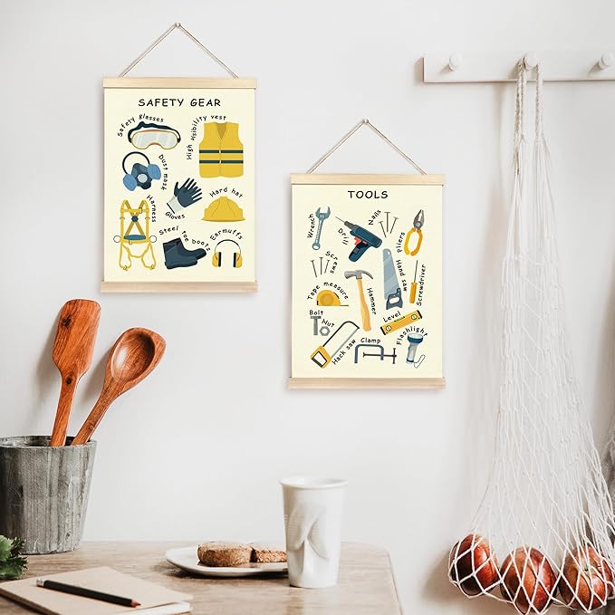 CGBHW Educational Safety Gear Tools Poster Hanger Frame Set of 2, xxxx Posters Wall Art Hanging Decor for Classroom Nursery Kids Room Playroom Preschool，12x16Inch