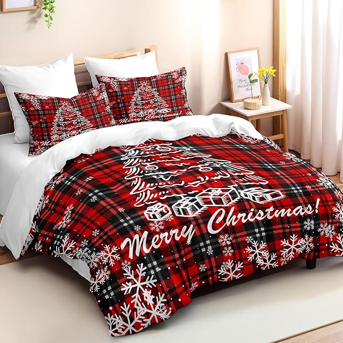 Christmas Duvet Cover King Size Black Red Gingham Xmas Bedding Set 3 Pieces Kids Boys Girls Christmas Tree Plaid Pattern Soft Comforter Cover with Zipper Closure