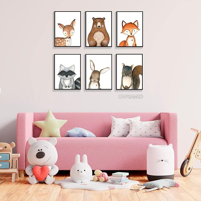 gooptyinh 6 Pieces Woodland Animals Nursery Canvas Wall Art Cute Safari Jungle Animal Deer Bear Bunny Pictures Room Posters Farmhouse Forest Theme Fox Squirrel Raccoon Prints Decor 12x16in Unframed