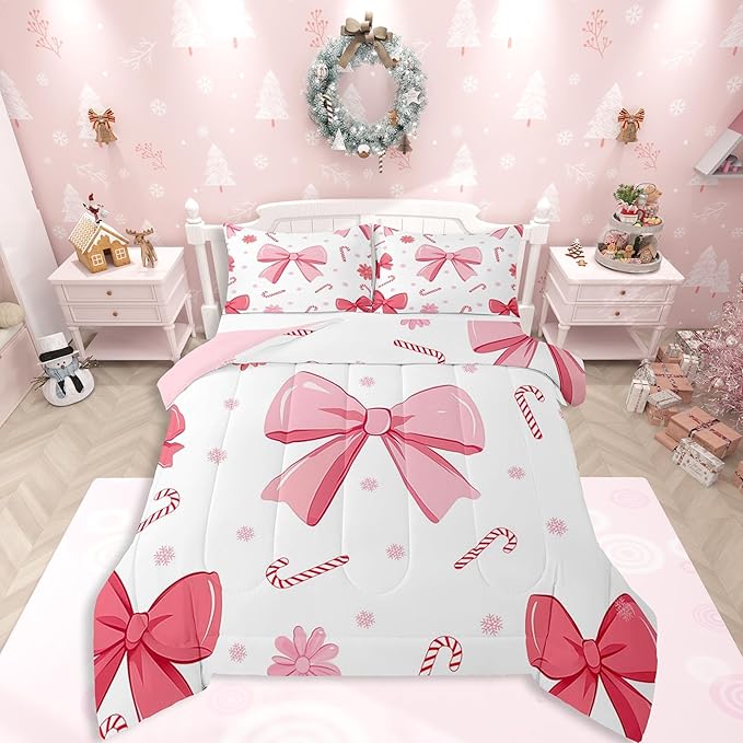 Feelyou Pink Bowknot Comforter Set All Season Christmas Candy Cane Snowflake Bedding Set with 1 Pillow Cases Cute Bow Microfiber Kids Toddler Bedclothes Dreamy Princess Style Bedroom Decor Duvet Quilt