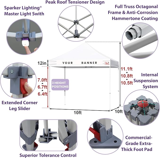 Tradesparker 10x10 Pop Up Canopy Tent,Commercial Movable Canopy with ApexCore LED & Rugged Casters-Instant Easy Setup Shelter Canopies with Weight Bags & Stakes for Oudoor Events Markets Vendors,Black