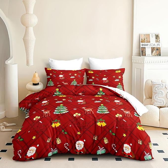 Christmas Duvet Cover King Size Red Gingham Christmas Bedding Set 3 Pieces Kids Boys Girls Xmas Grid Checked Cartoon Deer Pattern Comforter Cover with Zipper Closure
