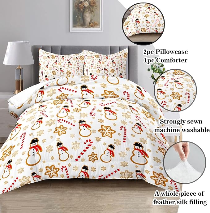 Raphus cucullatus Christmas Bedding King,Snowman Christmas Comforter Set,Holiday Bedding Winter Quilt,Snowflake Navidad Comforter Set King,Cute Candy Cane Quilt