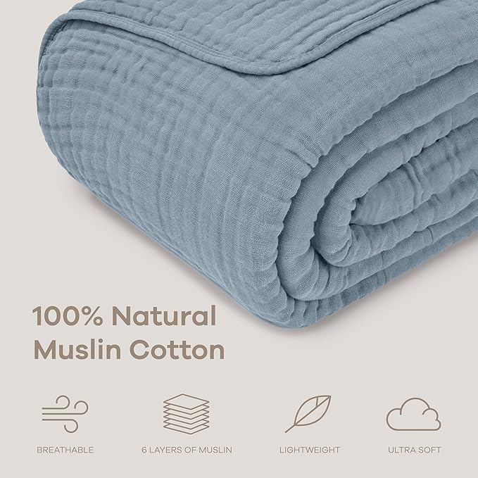 Comfy Cubs Muslin Throw Blanket - 50” x 60” Quilted Design - Lightweight, Breathable 6-Layer Gauze Fabric - Soft Cotton Blanket for Home or Travel - Packaged in Elegant Gift Box - Pacific Blue