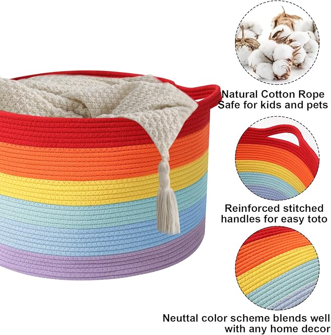 Large Blanket Basket for Organizing,65L Closet Organizers and Storage Bins Box for Shelves Woven Rope Storage Baskets,Living Room,Bedroom,Dorm,Laundry room (Rainbow)