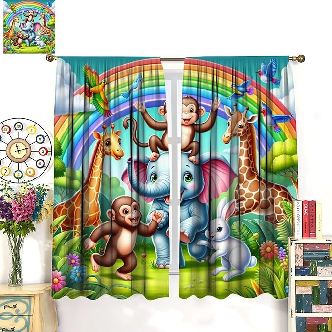 Animals Window Curtain Rod Pocket Kids Boys Girls Forest Giraffe Elephant Monkey Flowers Window Treatment for Baby Children Bedroom Living Room 84" W X 84" L
