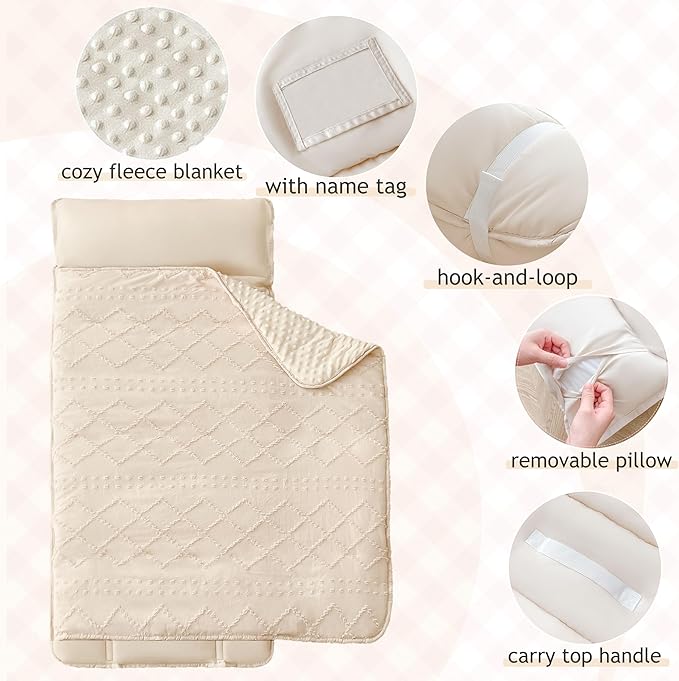 Toddler Nap Mat for Daycare Preschool Girls Boho Tufted Geometric Kids Sleeping Mat Pad Toddler Bedding Set Portable Baby Sleeping Bag with Pillow and Blanket for Travel Camping Outdoor