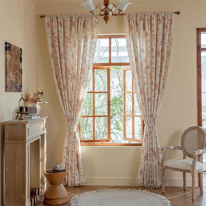 ENJOYBRIDAL Pink Floral 96 Inch Curtains 2 Panel Set Boho Tassel Drapes Farmhouse Rod Pocket Semi Sheer Long Window Curtains Bedroom Living Room Rustic Dining Room Aesthetic Decor Window Treatments