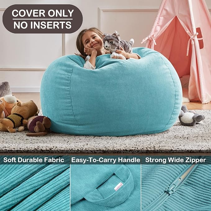 Nobildonna 3 ft Bean Bag Chair Cover (No Filler) 35"×43" Large Stuffed Animal Storage Bean Bag Washable Big Beanbag Chair Cover Premium Corduroy Stuffable Bean Bag Cover for Adults,Kids,Turquoise 300L